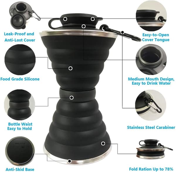 Foldable Water Bottle, Camping Mug with Carabiner, Reusable