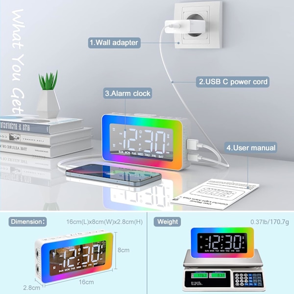 Snooze-timer elektronisk vekkerklokke med 8 lysmoduser