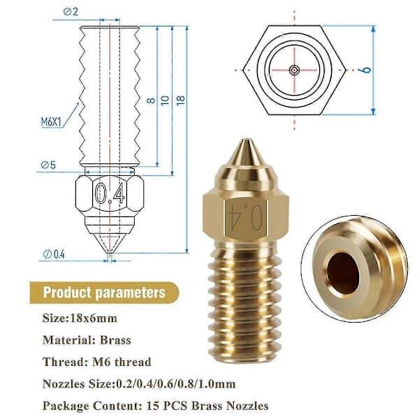 15 stk. messingdyser sæt til 4, 3D-printer 7 stk. 0,4 mm og 2 stk. 0,2 mm, 0,6 mm, 0,8 mm, 1,0 mm dysesæt