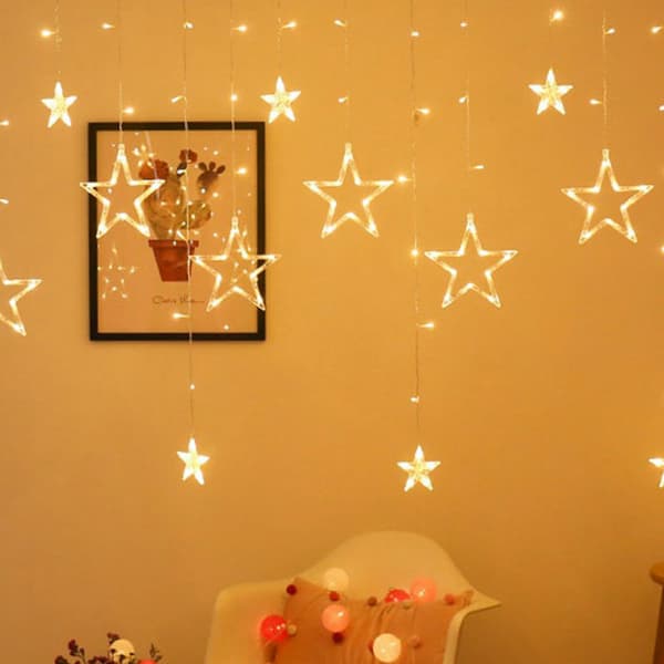 Gardiner med lys, 138 LED 2,5 meter stjerneformede gardinlys