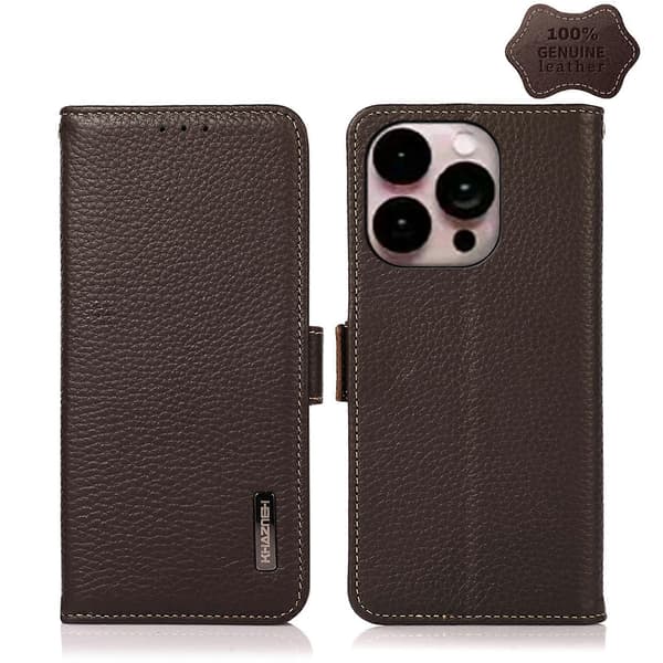 För iPhone 14 Pro Max KHAZNEH Sidomagnetiskt Litchi Läder RFID Telefonfodral [DB] Brun Brown