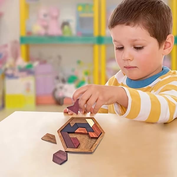 Wooden Tangram Puzzle, Hexagonal, Educational Toy, Portable Interactive Educational Family Game, Gift
