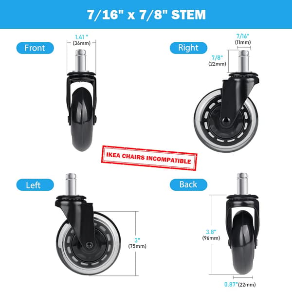 Kontorsstol Hjul Hjul 3 \" Rollerblade Gummi Ersättningshjul (5-pack)