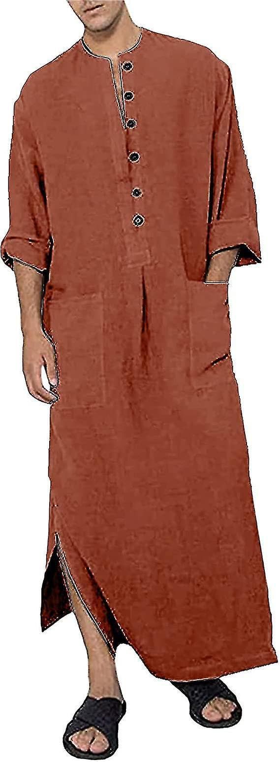 Men's V-neck Long Sleeve Kaftan with Button Placket Thobe and Side Slits Cotton XL Brown