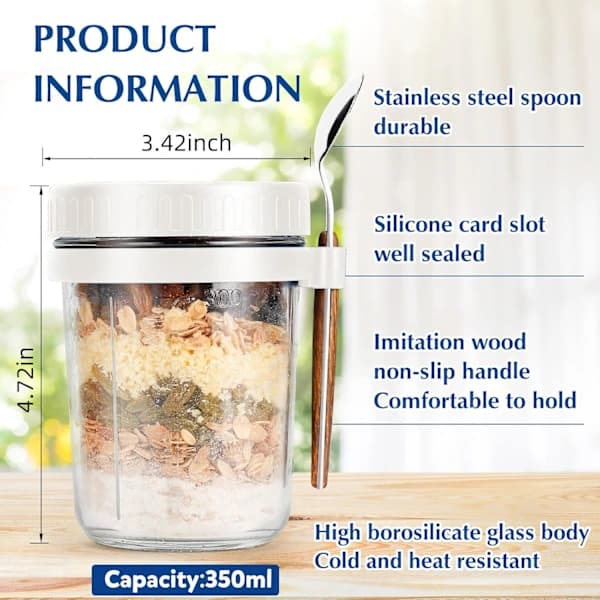 Overnight Oats Jars with Lids and Spoon [2-Pack] - 473ml Leak-Proof Containers