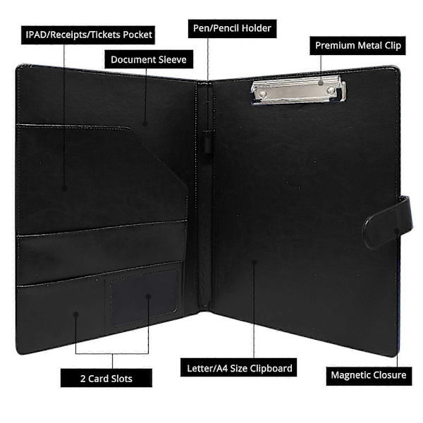 A4 Magnetic Conference Folder Clipboard with Storage Portfolio Padfolio PU Leather Interview Document Organizer