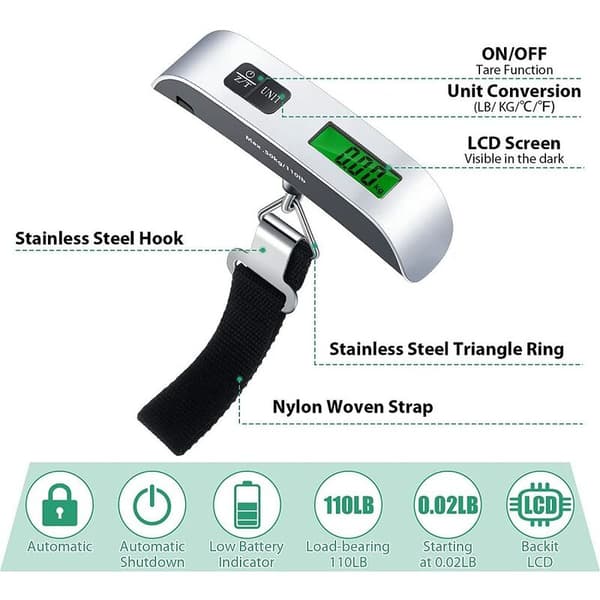Travel Scale, Digital Luggage Scale for Suitcase with Temperature Measurement 50 kg Capacity (Silver)