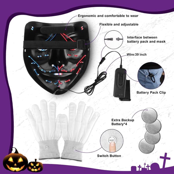 Halloweenmaske og skeletthandsker sæt, 3 tilstande LED-lys skræmmende maske med LED-lysende handsker