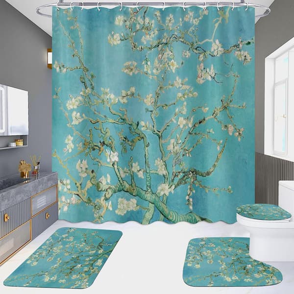 Dusjforheng til bad med kroker, grønn, Mandelblom Van Gogh Blå, 180x180 cm