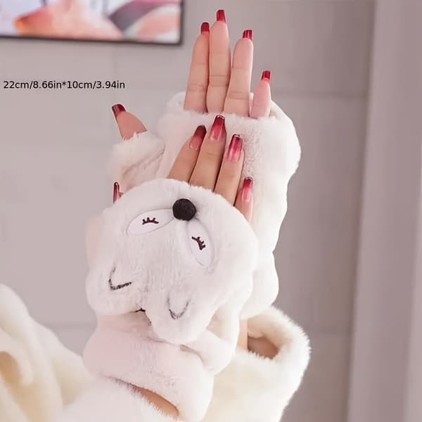 Ræveformede Fingerløse Handsker - Bløde, Behagelige, Varme, Kuldebestandige, Håndvaskbare, Blanding af Polyester og Spandex, Broderede [DB] Hvid White