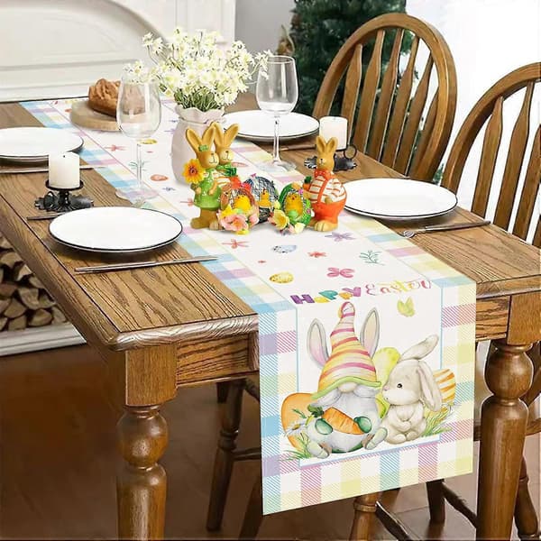 Easter Table Decorations, 13x72 inch Buffalo Plaid Spring Easter Bunny and Egg Kitchen Table Decoration (FMY)