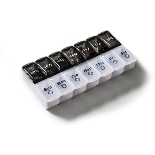 7-day pill organizer with 14 compartments Easy-open weekly medicine box in black