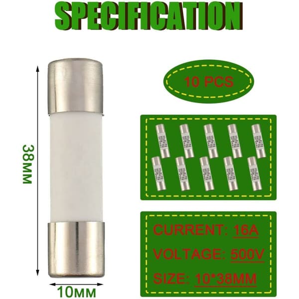 16A 500V RT18-32 Keramisk rörsäkring, högspänningssäkring av cylindrisk typ 10x38mm (10-pack)