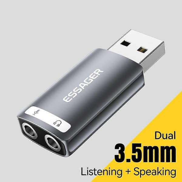 ESSAGER USB til Dobbel 3.5mm Lydadapter Hodesett Eksternt Stereo Lydkort Konverterer