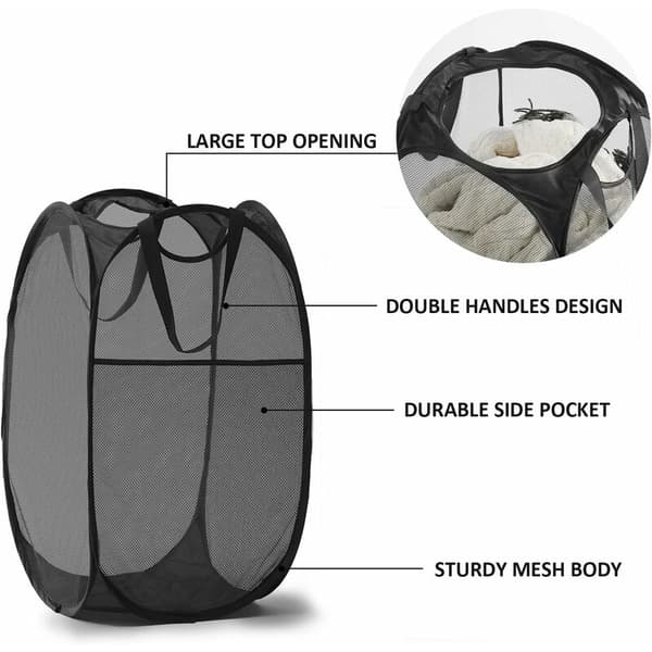 Foldable Mesh Laundry Hamper with Heavy Duty Handles - Portable Collapsible Laundry Basket for Dorms (Black)