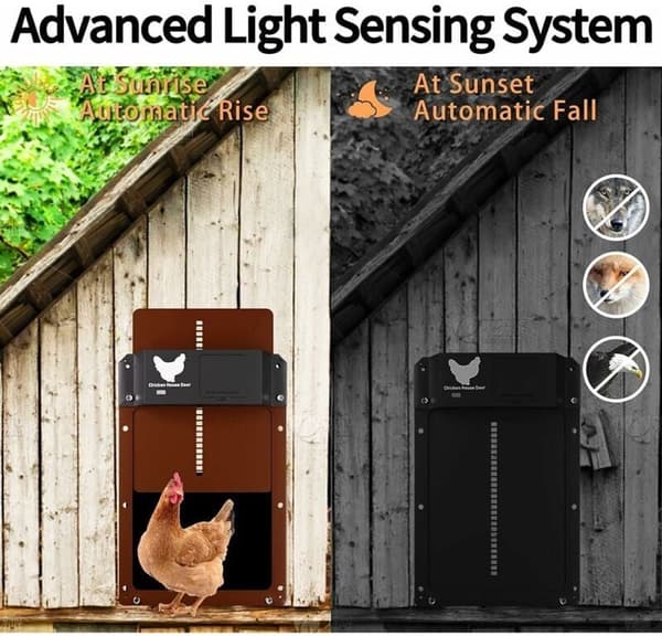 Automatic Chicken Coop Door with Light Sensor - Fully Waterproof Chicken Coop Door with Induction - Chicken Coop Door (Brown)