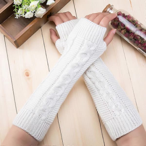 Mode Unisex Herr Dam Stickade Fingerlösa Vinterhandskar Mjuka Varma Vantar Wh