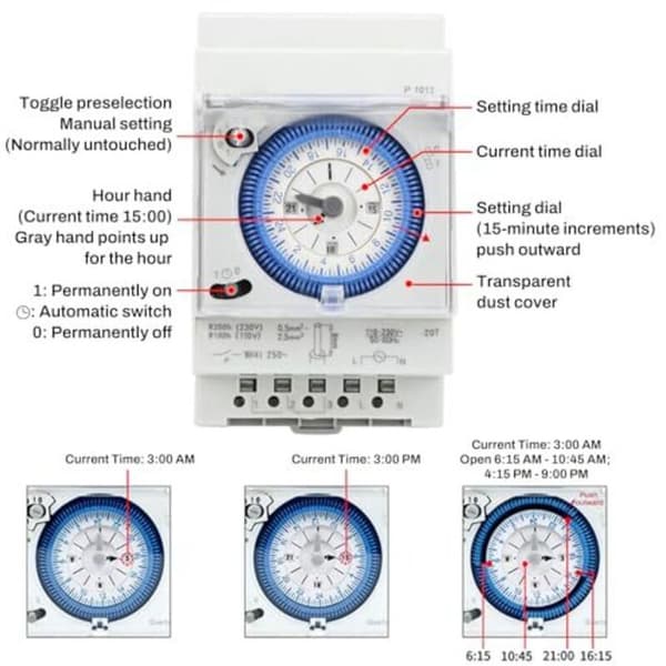 Mekanisk poolur 16A 250V Timer Pool Vandvarmer Ur 15 minutter 24 timer til hjem, køkken, indendørs, udendørs udendørsbelysning