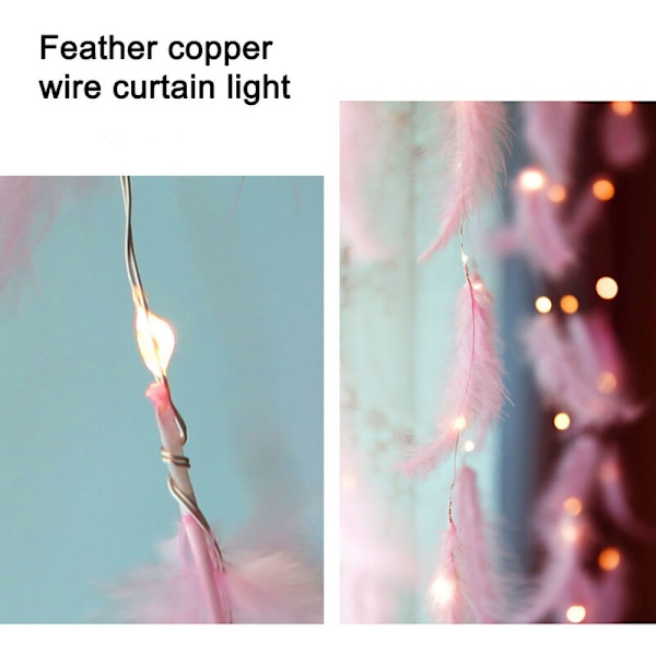 Fjäderljusslingor, LED Dekorativa Ljus, Romantisk Hängande Gardin Dekoration med USB Fjärrkontroll Varmvit Rosa Fjäder 3×2m