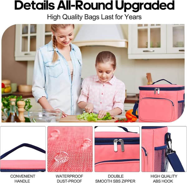 Matboks Arbeid Termisk Matpose Store Doble Rom Matpose for Menn Barn Voksne Damer Piknik Camping Skole Matkjøler Bærevesker Rosa Pink