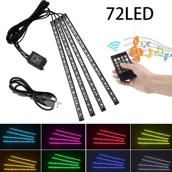 72 LED Car Interior Light RGB 8 Modes LED Strip Light Car Interior Atmosphere Lighting with USB Port, Wireless Remote Control