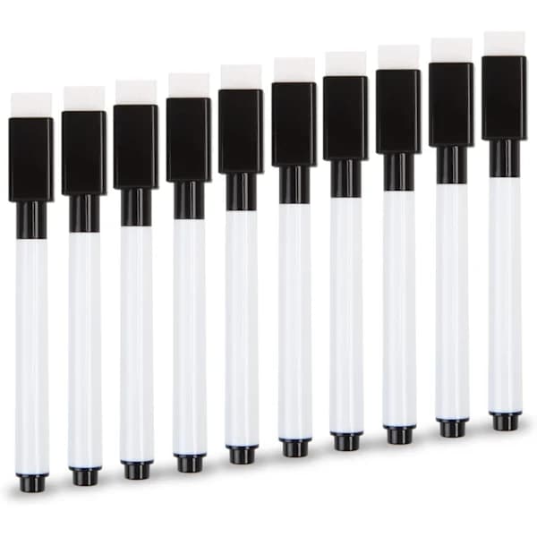 Små whiteboardpenne, 10 stk. sorte whiteboardmarkører med viskelæder, whiteboardpen med fin spids til børn