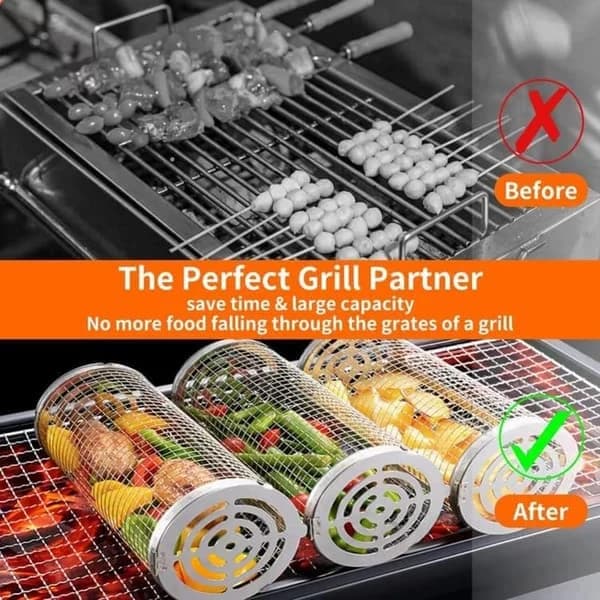 2-pack Stainless Steel Rolling Grill Basket Rotating BBQ Mesh Cylinder with Detachable Handle for Camping and Garden Grilling