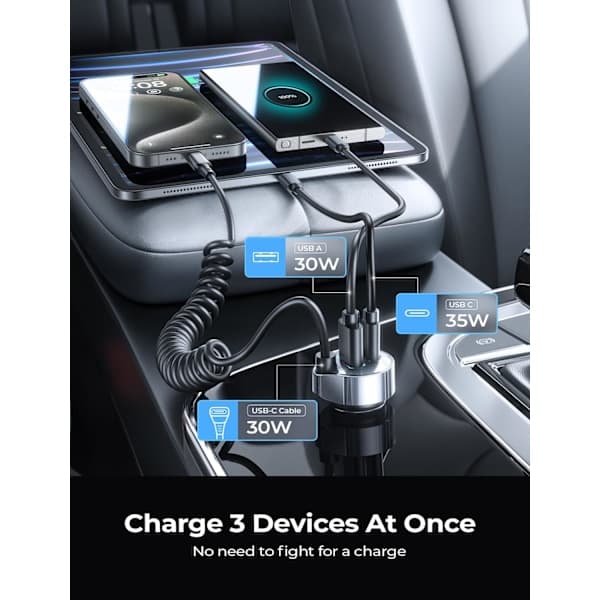 Billader USB C Hurtiglading for iPhone 16 med 1,5M 65W USB C Spiral kabel Biltelefonadapter PD&QC3.0 USB-lader 12V USB-uttak