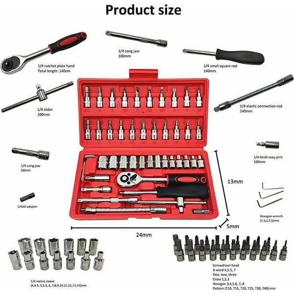 Socket wrench set with ratchet. 1/4 ratchet wrench. Sockets and boxes. Professional mechanical car tools. Used for bicycles. Motorcycle engine (46 parts)