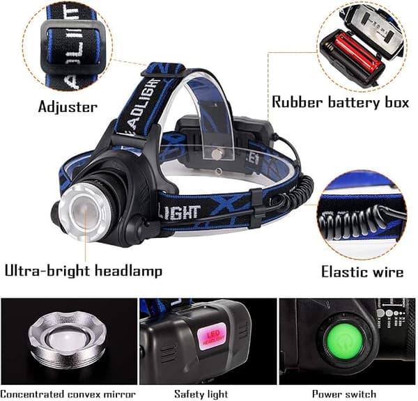 Headlamp, Rechargeable LED Lamp, 10000LM Headlamp with 3 Light Modes with USB Cable 2 18650 Batteries with Indicator Light for Camping Fishing Cli
