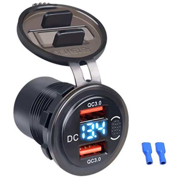 QC3.0 Dobbelt USB-biloplader med LED-knapkontakt Spændingsdisplay Blå Både