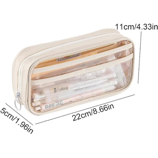 Large Capacity Pencil Case Half Transparent Beige Cute Clear Pen Bag Pencil Pouch Storage, 2 Pcs