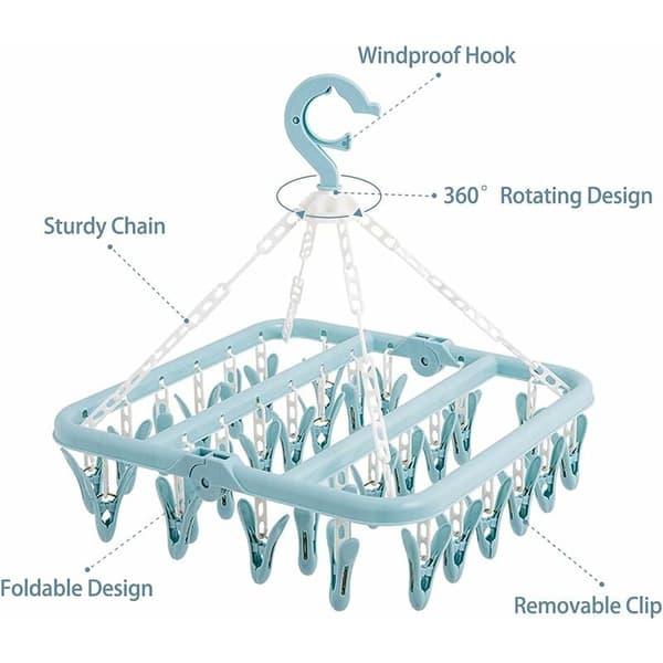 Underwear Hanger with 32 Clips Foldable Clothes Peg Clothes Drying Windproof Hanging for Baby Clothes Socks, Bras