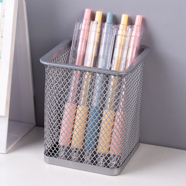 Creative Wrought Iron Hollow Desktop Storage Pen Holder Silver Silver