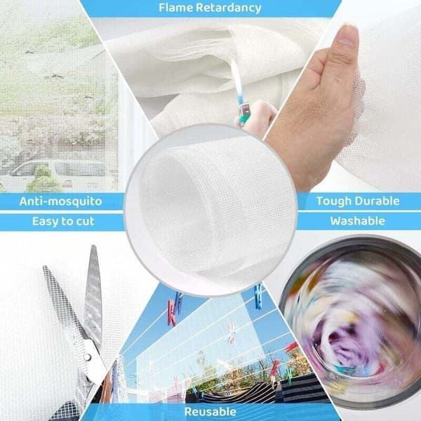 Adjustable 300x120cm Window Screen, White Fiberglass Fireproof Insect Net for Flies, Compatible with Most Windows