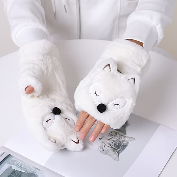 Ræveformede Fingerløse Handsker - Bløde, Behagelige, Varme, Kuldebestandige, Håndvaskbare, Blanding af Polyester og Spandex, Broderede [DB] Hvid White