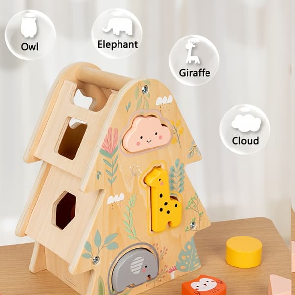 Wooden Shape Sorting Toy - Wisdom House with Animal Blocks, Educational Gift for Babies Big Tree Smart House