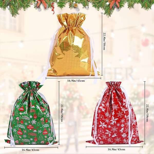 43 * 58cm Stor julväska med dragsko, 3-pack julklappspåsar med snöre för julfest
