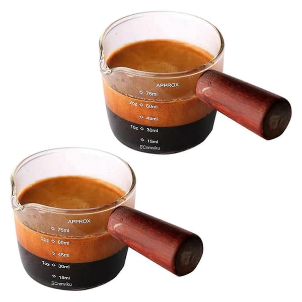 2x lasiset mittalasit espressoshottilasi 75 ml puukahvalla