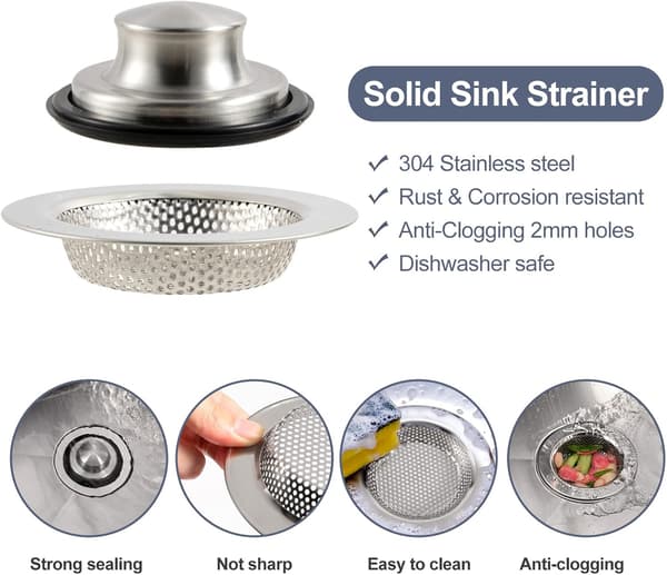 2-pack Stainless Steel Sink Strainer and Stopper - with Robust Rubber Seal and Round Knob Handle