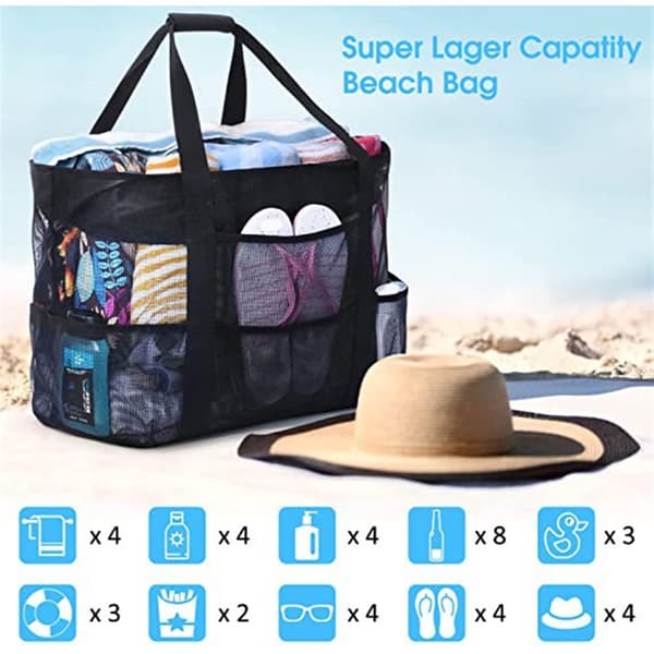 Large Mesh Beach Bag with Zipper, Foldable Sandproof Beach Tote with 7 Storage Pockets for Swimming, Camping, Beach Toy Storage, Unisex