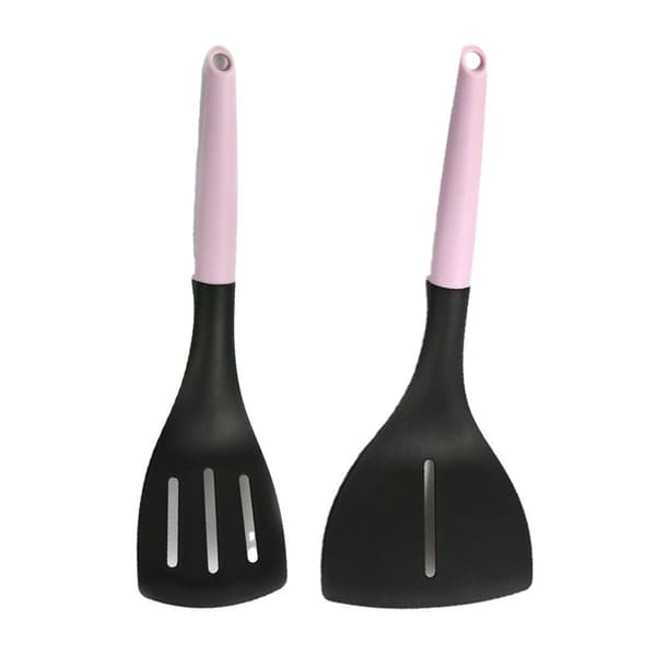 Rosa nylonskje, non-stick stekepanne, spesiell matlagingssil, stekespade + flatbunnet spatel KLB