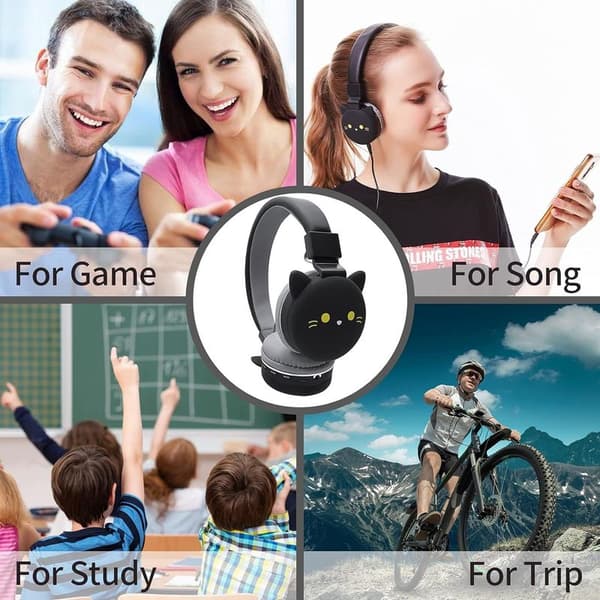 Sorte kat tegneseriehovedtelefoner, trådløse hovedtelefoner til børn, stereo