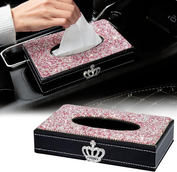 Dekorativ rektangulär servettboxöverdrag (rosa), läder med strass
