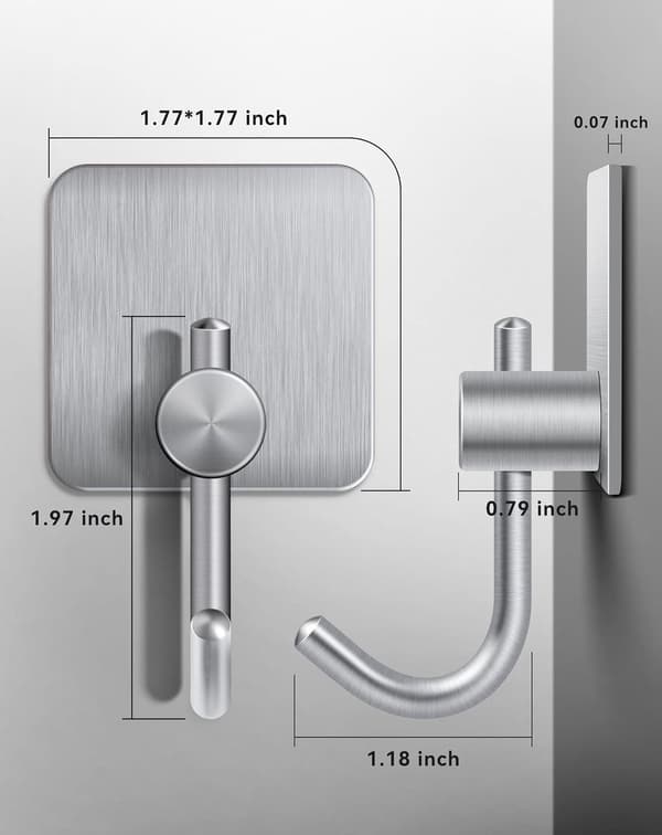 Self-Adhesive Towel Hooks, Heavy Duty 304 Stainless Steel Wall Hooks No Drilling for Bathroom Kitchen Bedroom, Silver 4-Pack