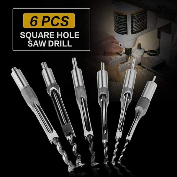 6 Pieces Square Hole Drill Bit Set, Woodworking Square Hole Drill Bit Sets, Mortise Chisel & Bit Set Square Hole Saw Drill, 6 Sizes