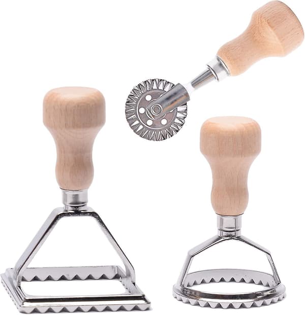 Ravioli Stamp Maker with Rolling Wheel Set, Wooden Handle and Fluted Edge Mold, Pasta Press Kitchen Accessory (3 Cutter Set)