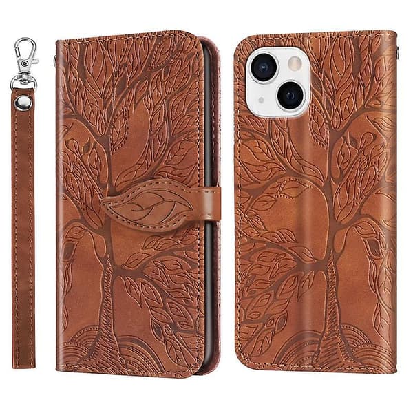 Plånboksfodral för iPhone 15 Plus 6,7 tum Premium PU Läder Flip Cover Livets Träd [DB] Brown Brown