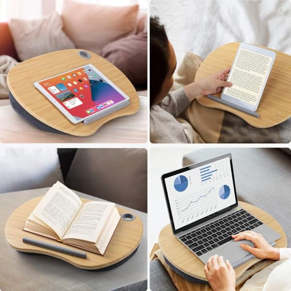 Laptopstativ med pude og bambusplatform til seng og sofa, knæskrivebord med kabelhul og skridsikker strimmel, til PC, tablet op til 15,6 \"