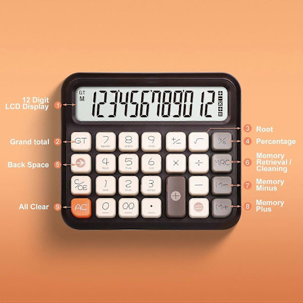 Desktop Calculator 12 Digits, Retro Cute Basic Calculator with Extra Large LCD Display and Buttons - Brown